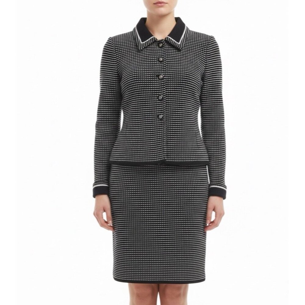 St. John Womens Black Knit Jacket & Skirt Set White Dotted Pattern Size  4 & 6